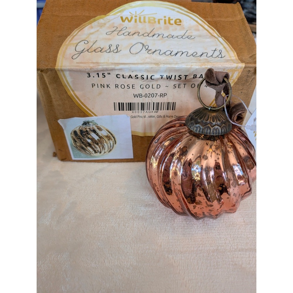 Set of Four Mercury Glass Christmas Ornament Pink Rose Gold 3.15 inches Heavy!